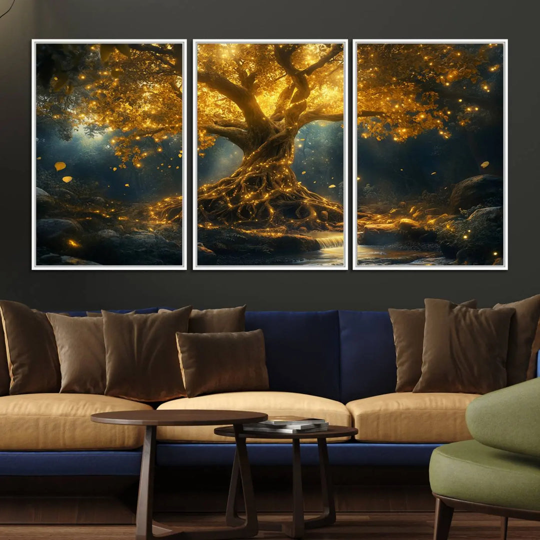 Golden Tree of Life Canvas Wall Art Print - a majestic glowing tree.