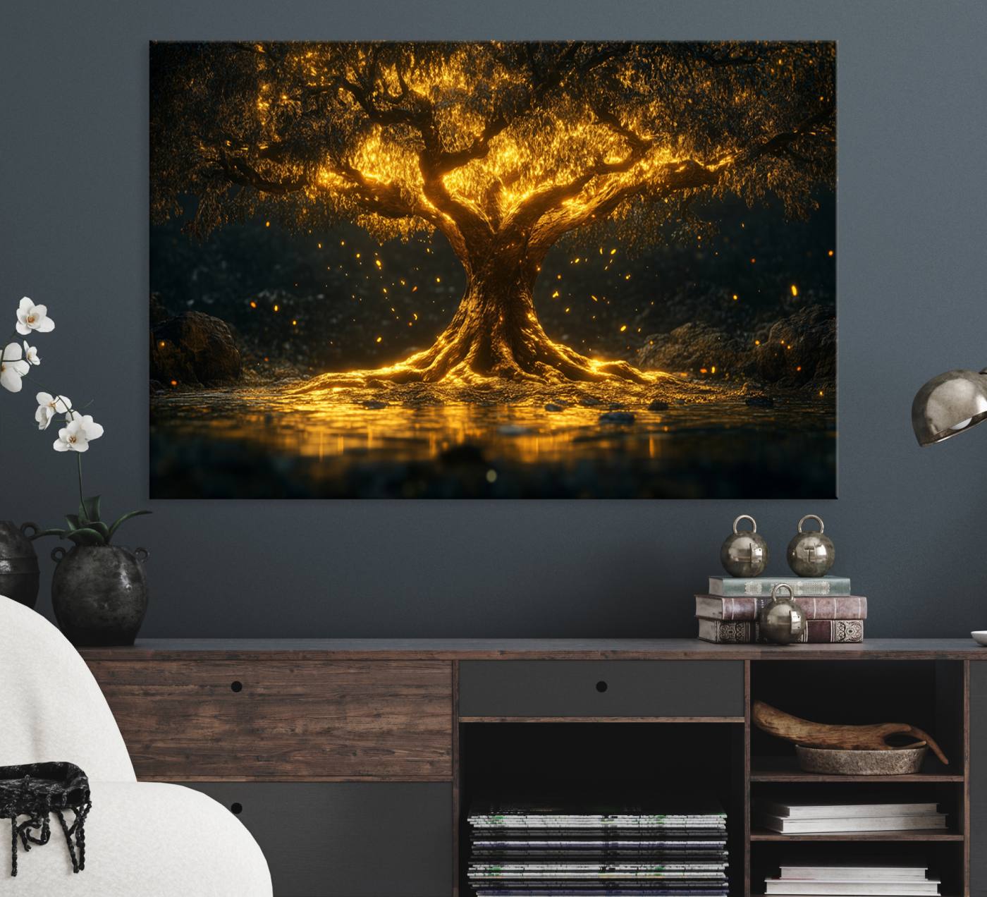 59580-MGV-CV-36X24-Golden Tree of Life Canvas Wall Art Print - Majestic Glowing Tree Wall Art Print