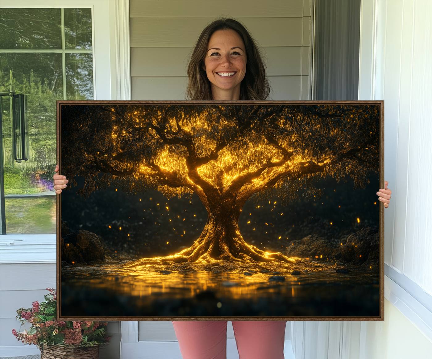 59580-MGV-CV-36X24-Golden Tree of Life Canvas Wall Art Print - Majestic Glowing Tree Wall Art Print