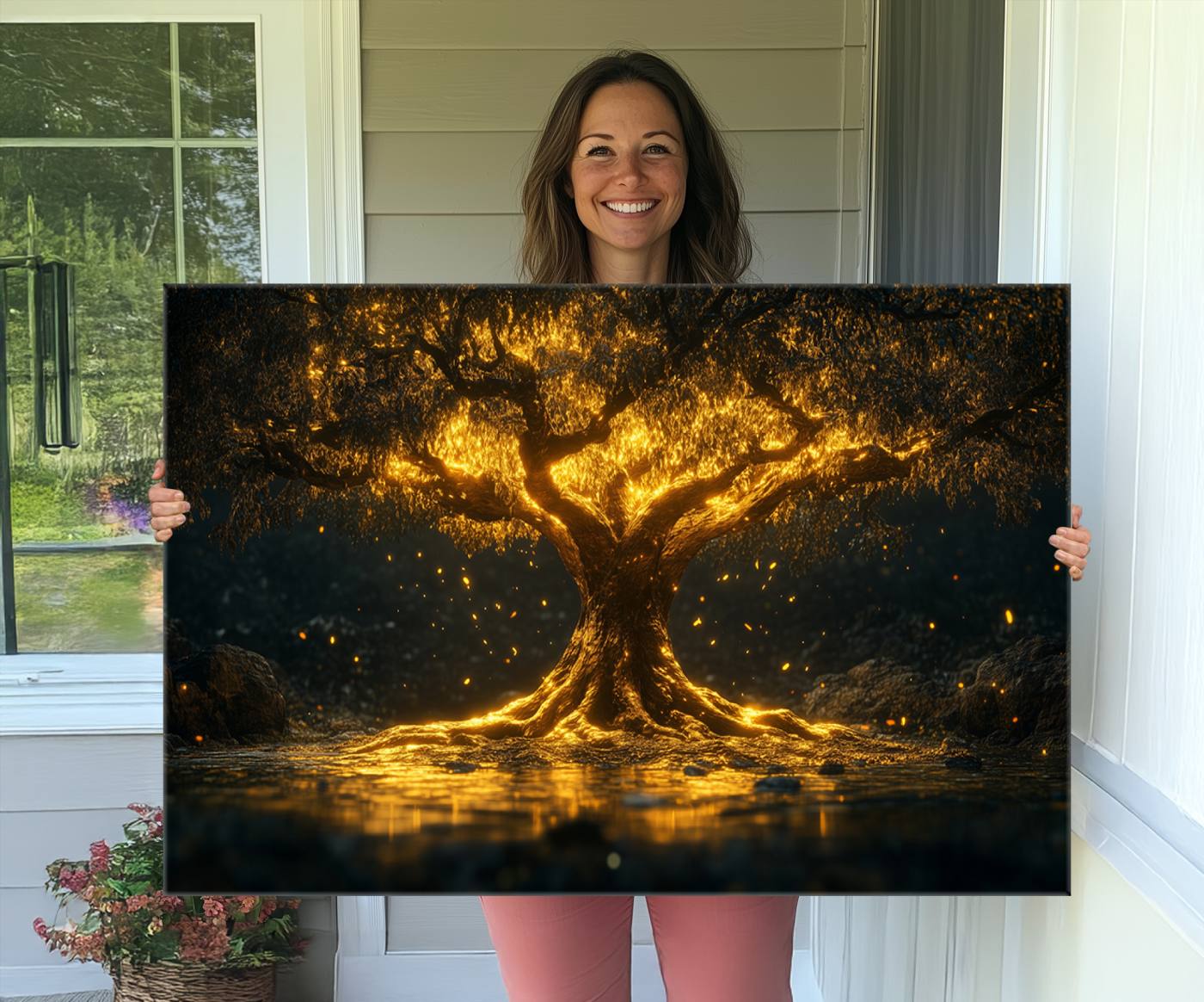 59580-MGV-CV-36X24-Golden Tree of Life Canvas Wall Art Print - Majestic Glowing Tree Wall Art Print