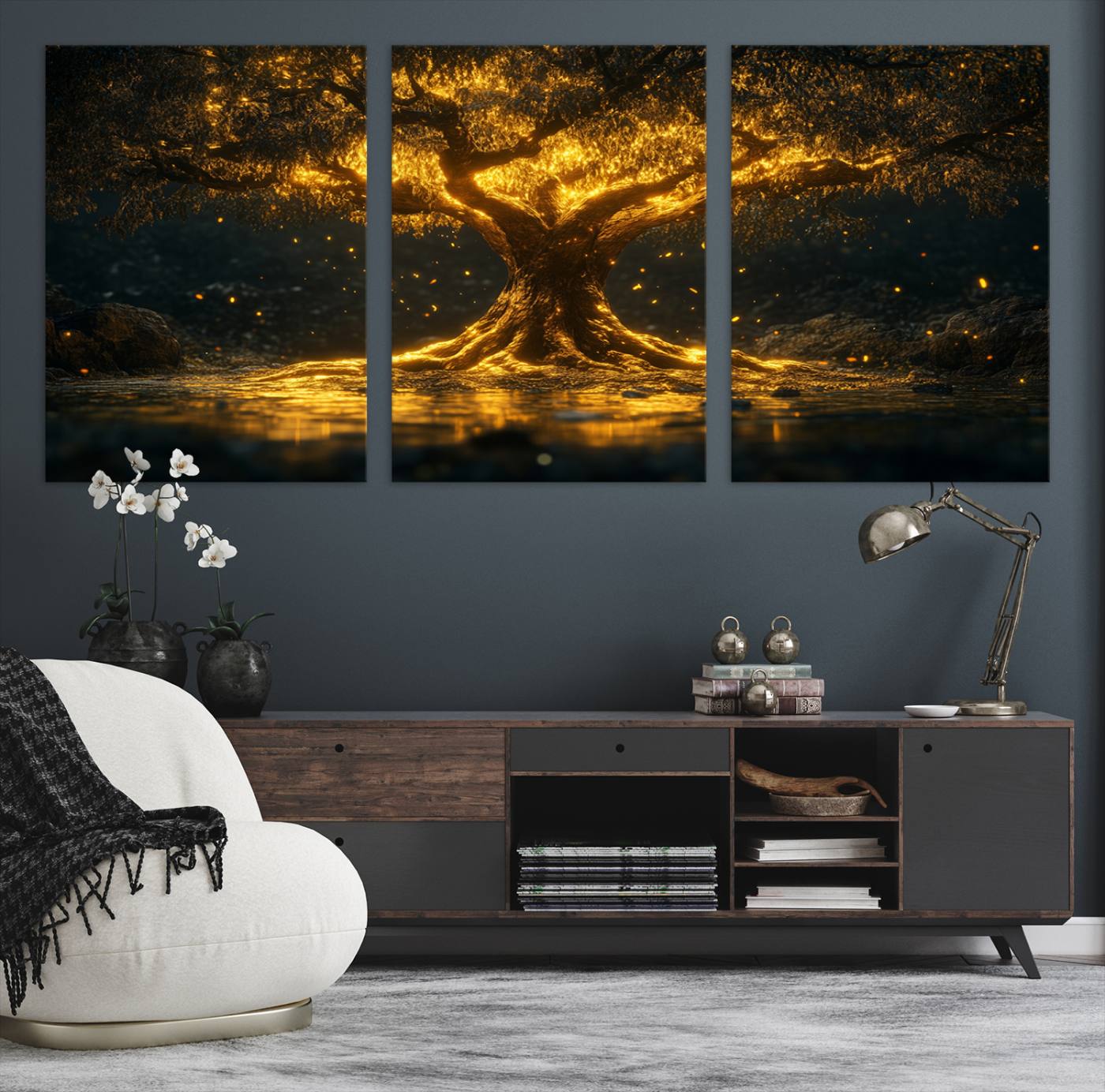 59580-MGV-CV-60X30-3P-Golden Tree of Life Canvas Wall Art Print - Majestic Glowing Tree Wall Art Print