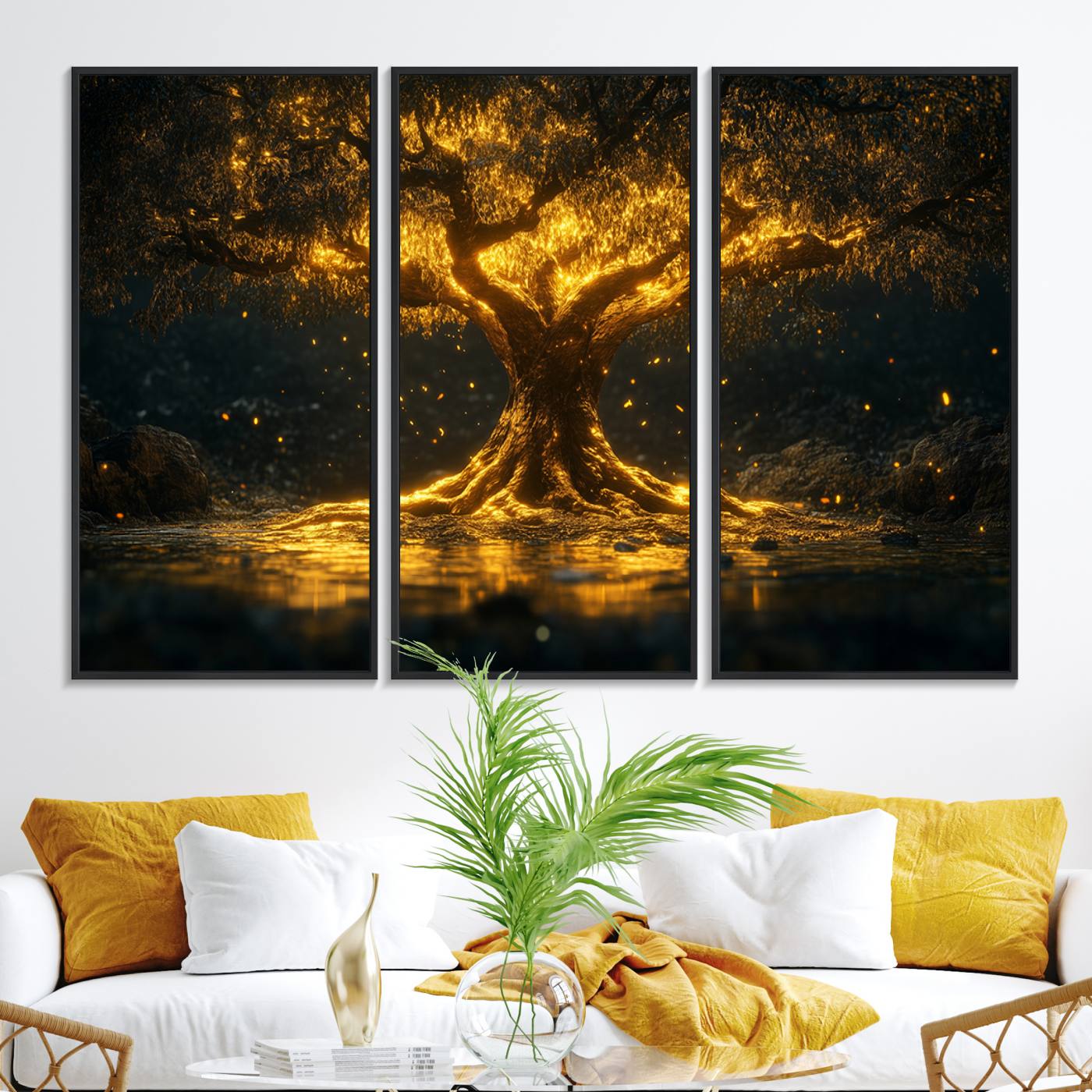 59580-MGV-FC-48X32-3P_Black-Golden Tree of Life Canvas Wall Art Print - Majestic Glowing Tree Wall Art Print