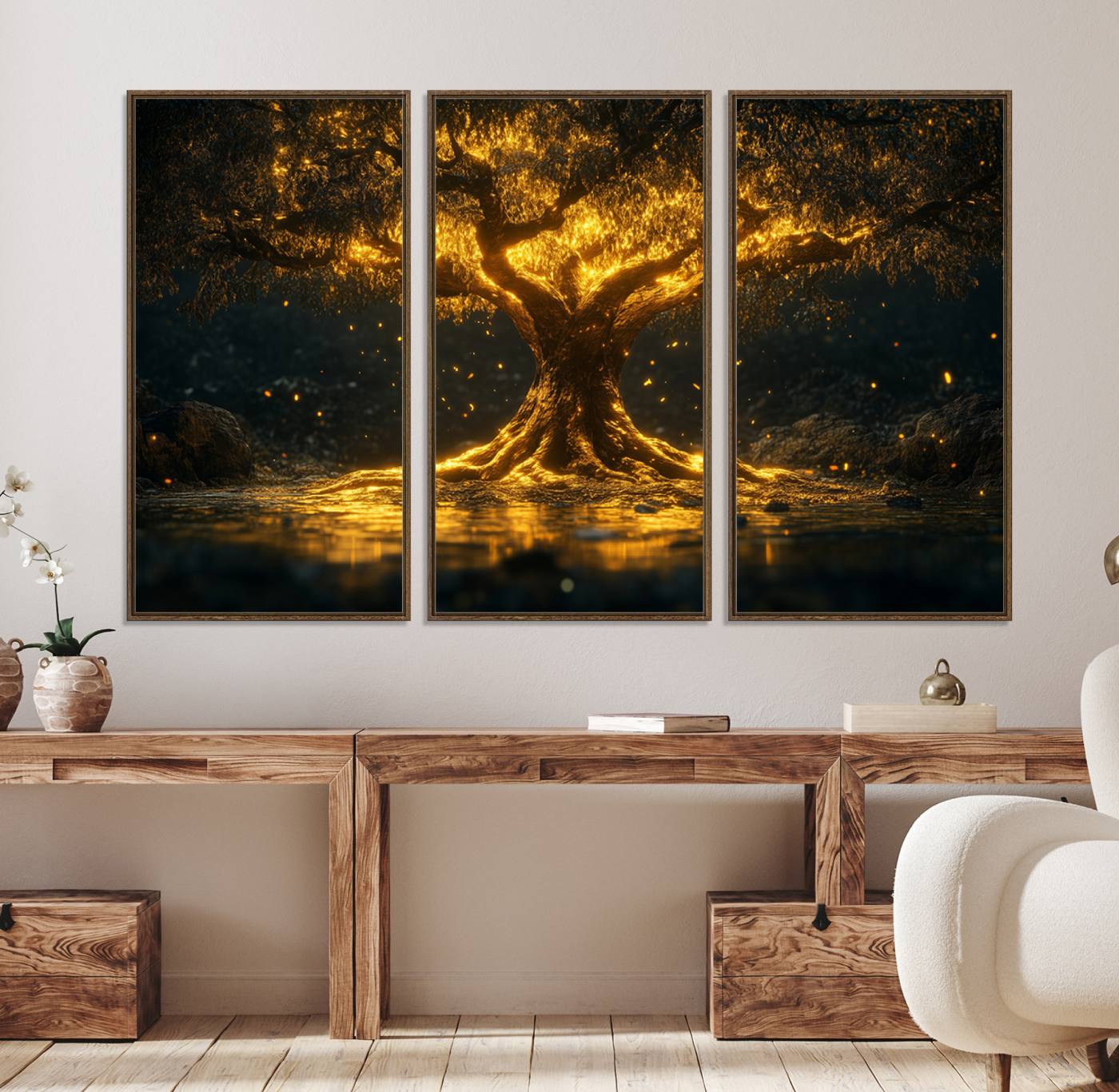 59580-MGV-FC-48X32-3P_Walnut-Golden Tree of Life Canvas Wall Art Print - Majestic Glowing Tree Wall Art Print