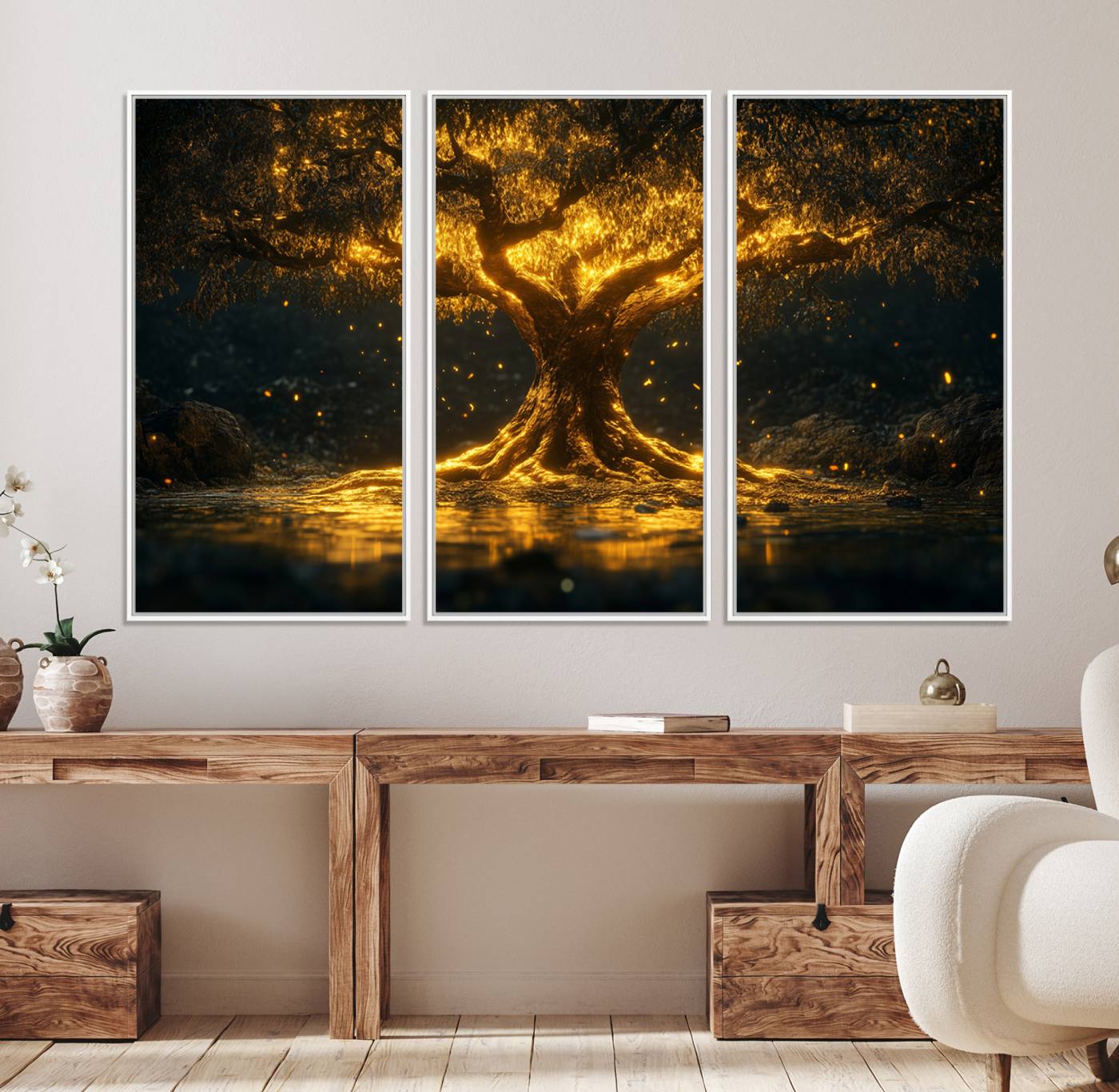 59580-MGV-FC-48X32-3P_White-Golden Tree of Life Canvas Wall Art Print - Majestic Glowing Tree Wall Art Print