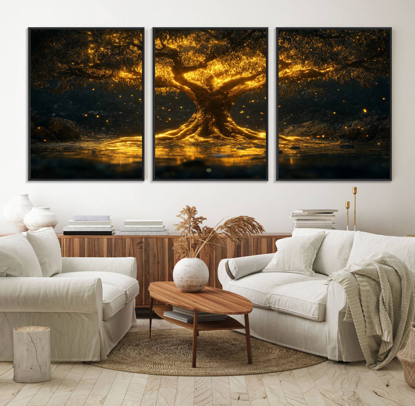 59580-MGV-FC-60X30-3P_Black-Golden Tree of Life Canvas Wall Art Print - Majestic Glowing Tree Wall Art Print
