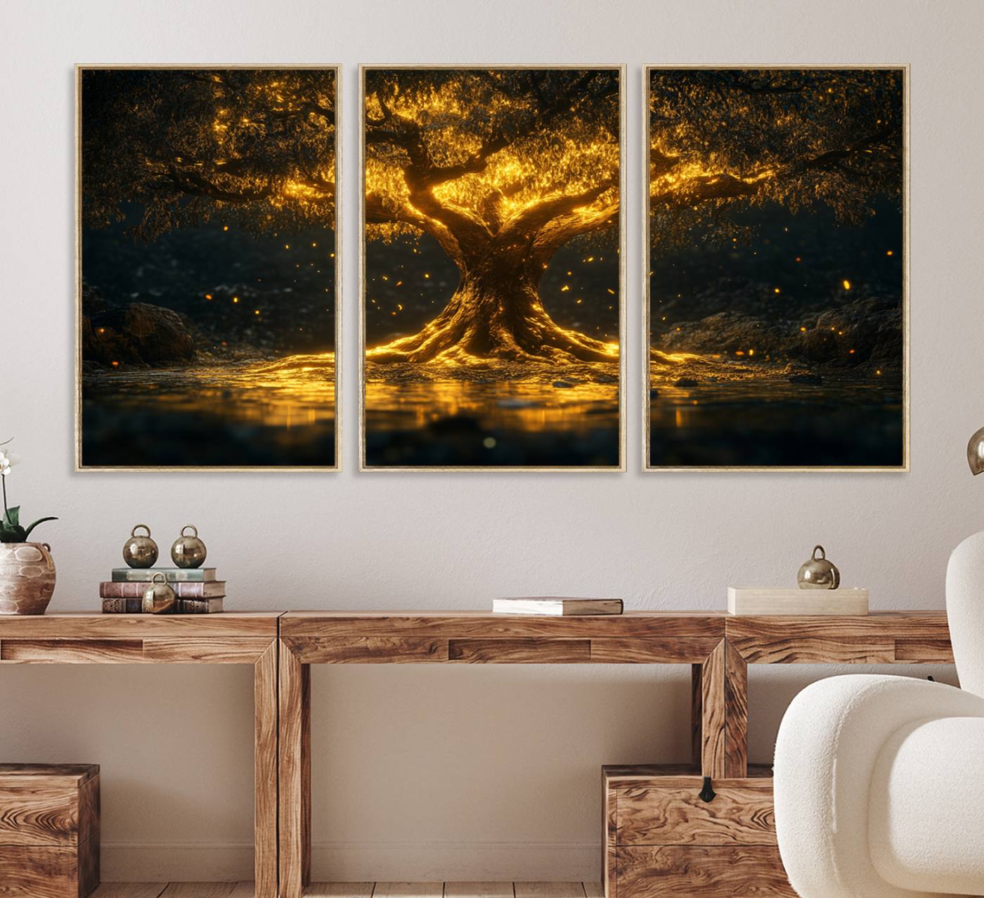 59580-MGV-FC-60X30-3P_Natural-Golden Tree of Life Canvas Wall Art Print - Majestic Glowing Tree Wall Art Print