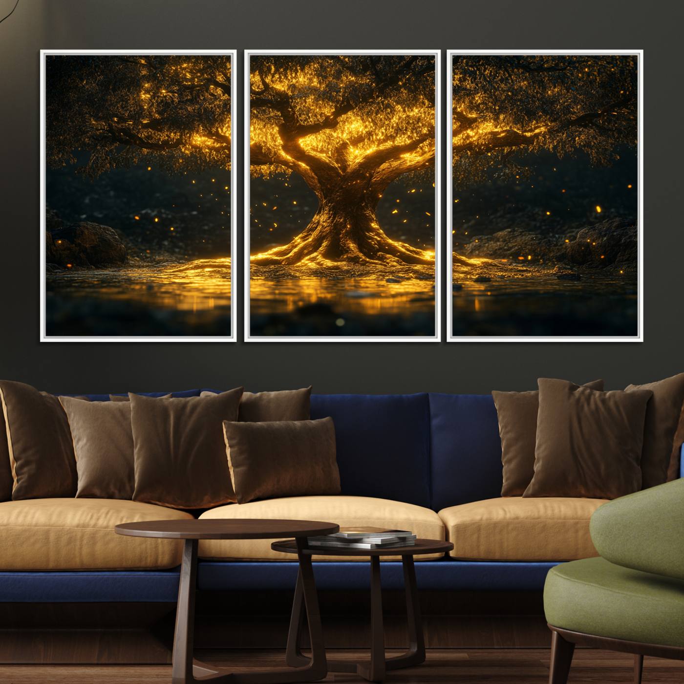 59580-MGV-FC-60X30-3P_White-Golden Tree of Life Canvas Wall Art Print - Majestic Glowing Tree Wall Art Print