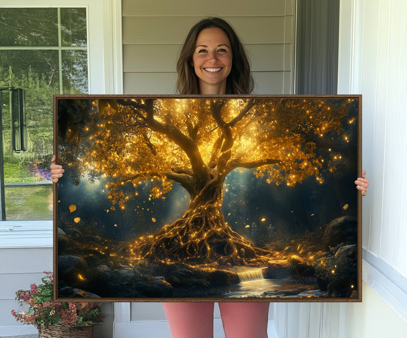 92739-MGV-CV-36X24-Golden Tree of Life Canvas Wall Art Print - Majestic Glowing Tree Wall Art Print