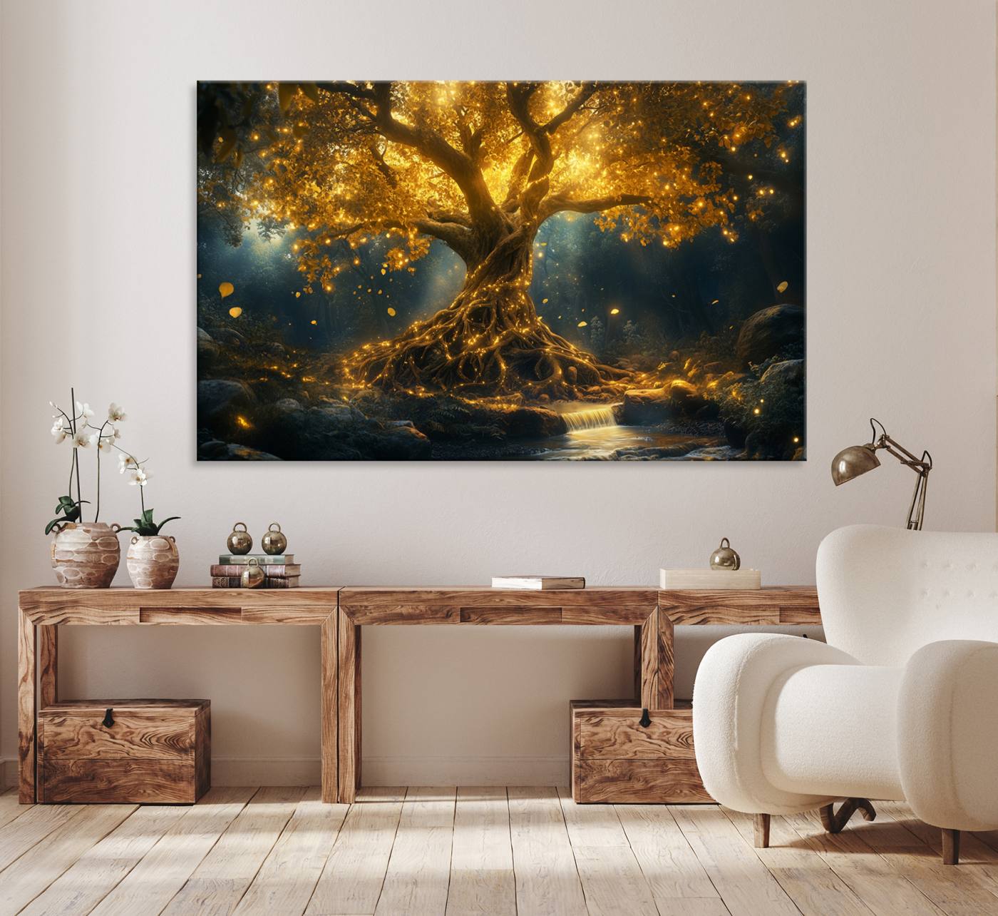 92739-MGV-CV-36X24-Golden Tree of Life Canvas Wall Art Print - Majestic Glowing Tree Wall Art Print
