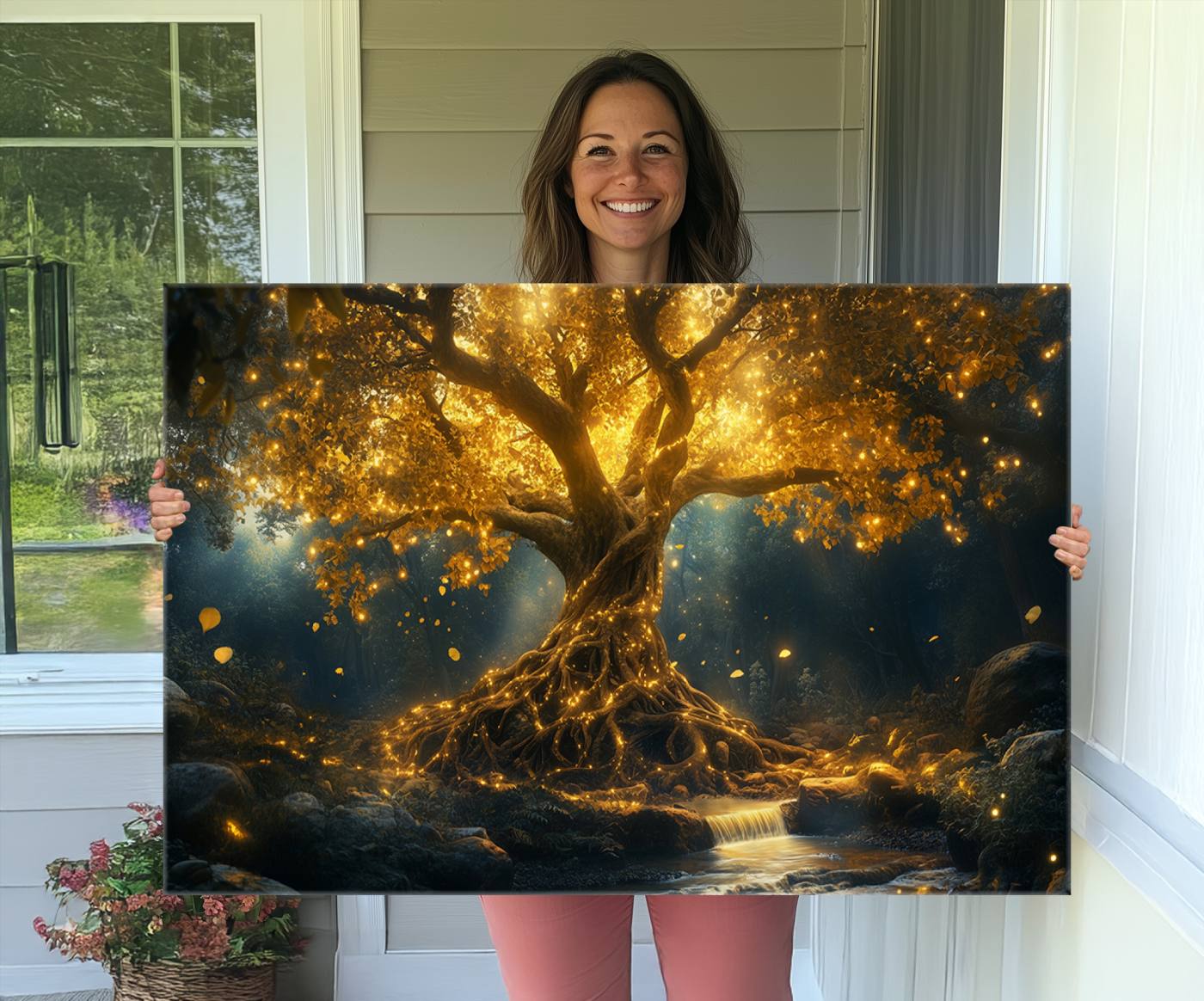 92739-MGV-CV-36X24-Golden Tree of Life Canvas Wall Art Print - Majestic Glowing Tree Wall Art Print
