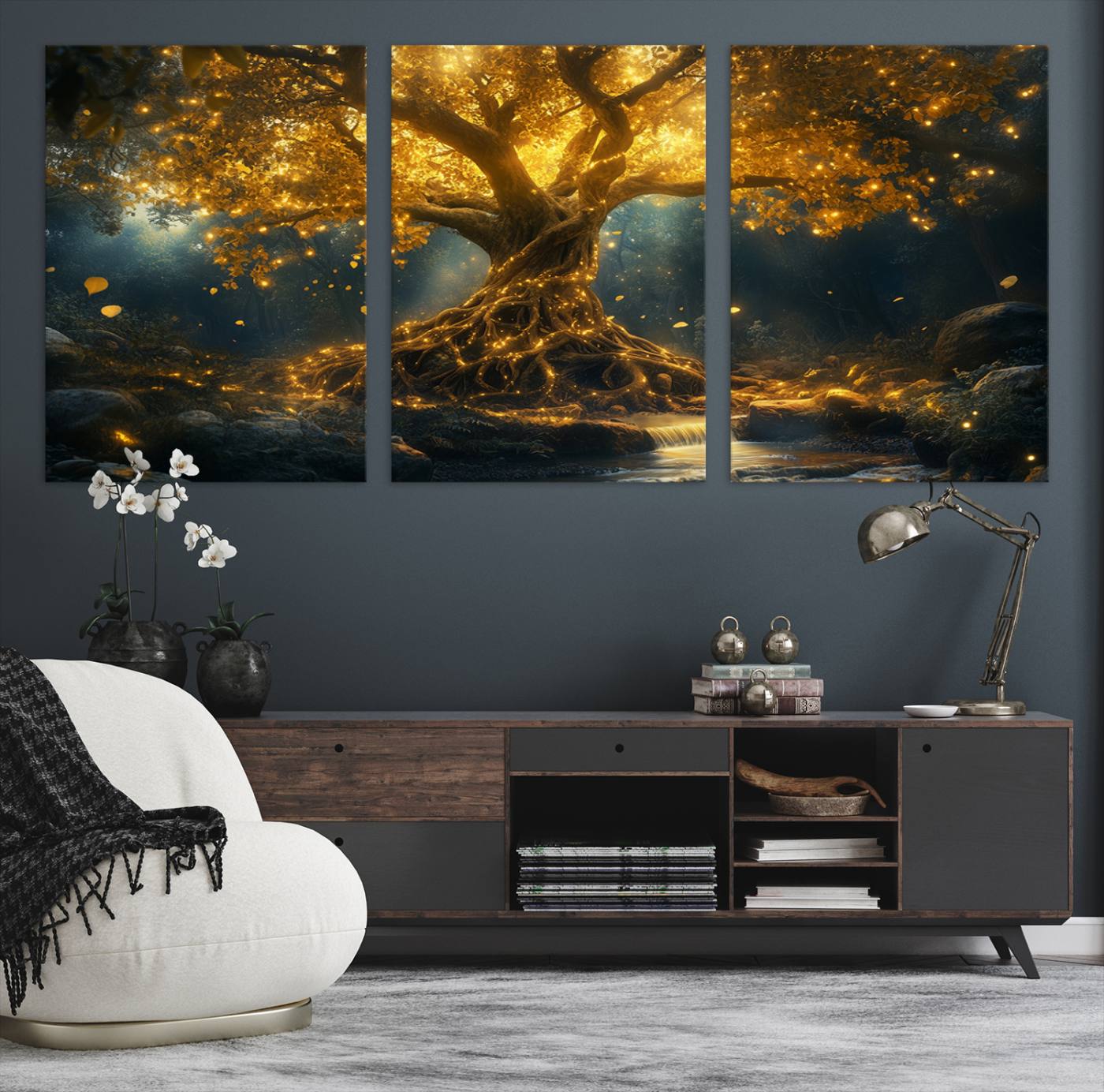 92739-MGV-CV-60X30-3P-Golden Tree of Life Canvas Wall Art Print - Majestic Glowing Tree Wall Art Print