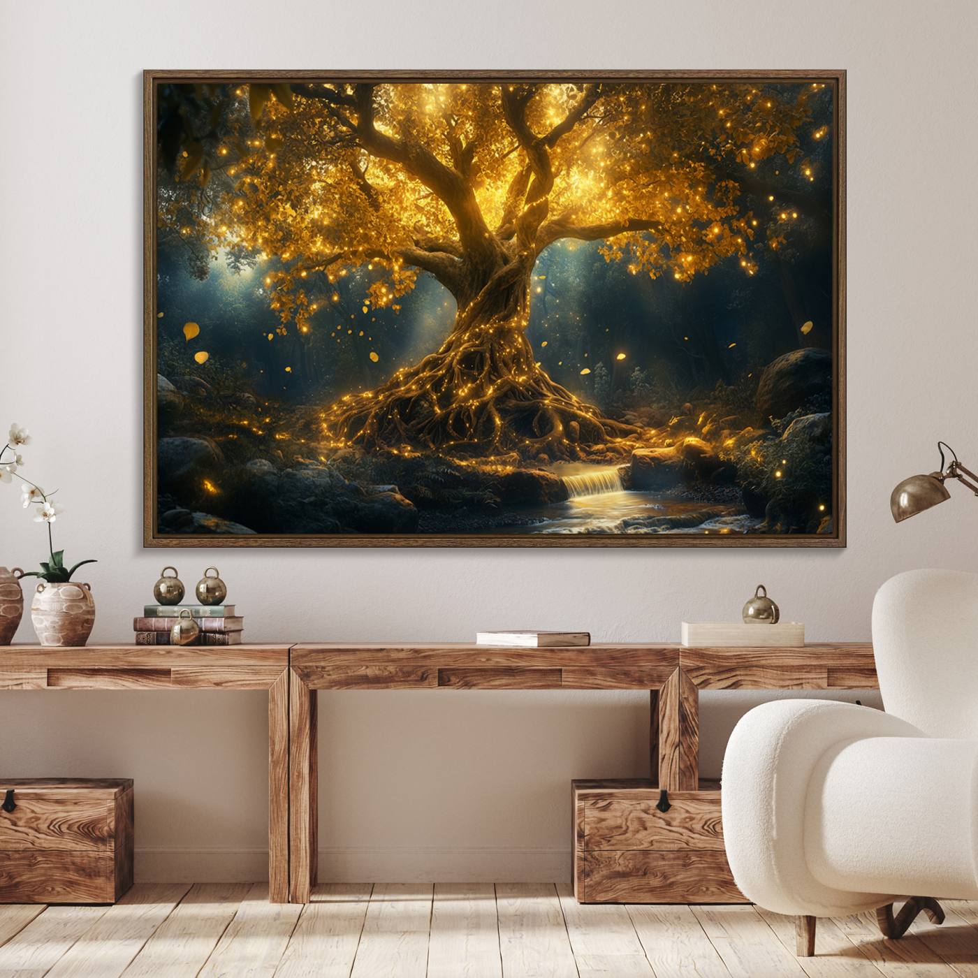 92739-MGV-FC-36X24_Walnut-Golden Tree of Life Canvas Wall Art Print - Majestic Glowing Tree Wall Art Print