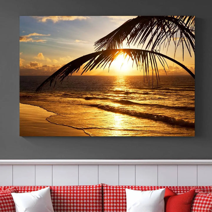 Golden Tropical Beach Sunset Canvas Triptych, Coastal Palm Tree Wall Art, Ocean Shoreline Giclee Print with Gallery Wrap