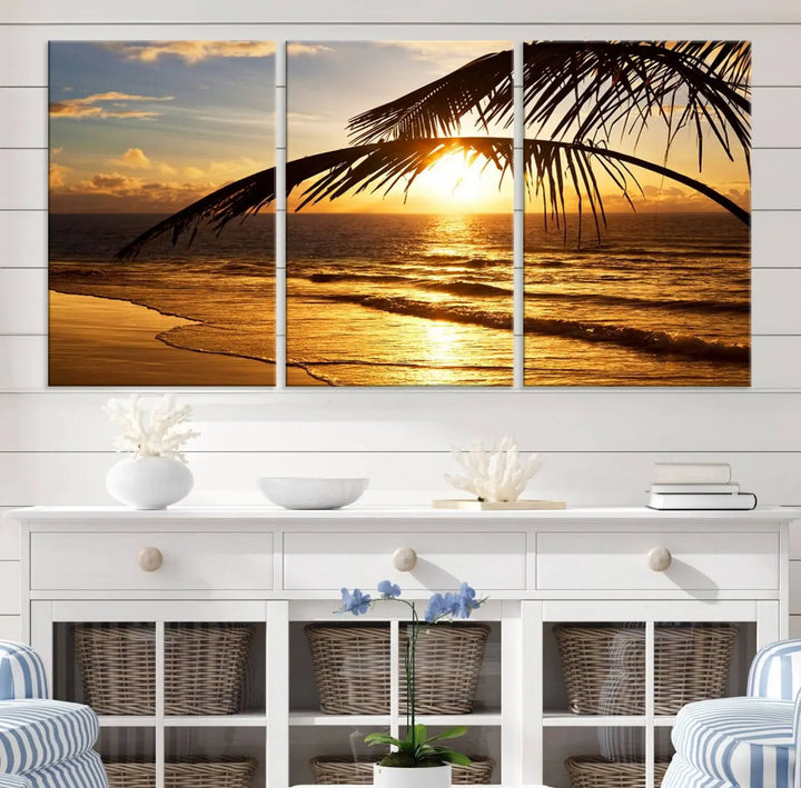 Golden Tropical Beach Sunset Canvas Triptych, Coastal Palm Tree Wall Art, Ocean Shoreline Giclee Print with Gallery Wrap