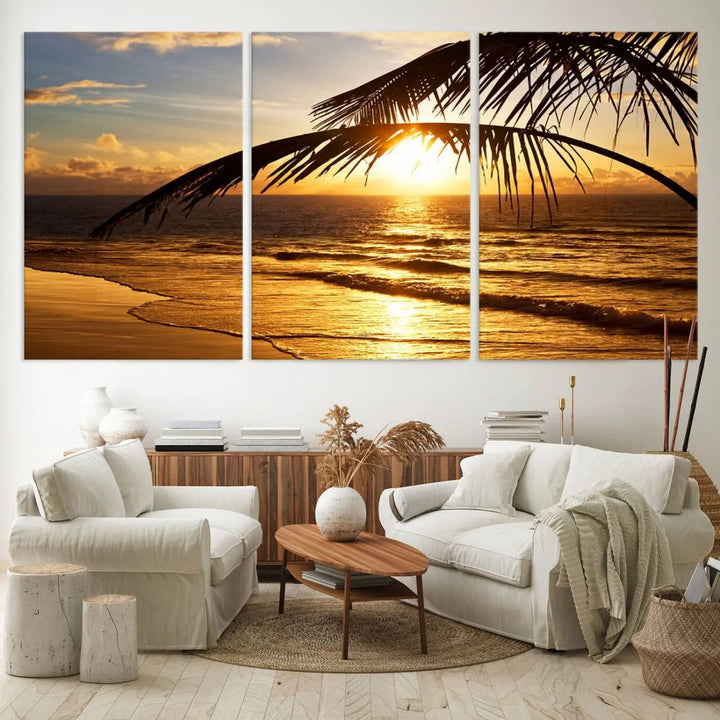 Golden Tropical Beach Sunset Canvas Triptych, Coastal Palm Tree Wall Art, Ocean Shoreline Giclee Print with Gallery Wrap