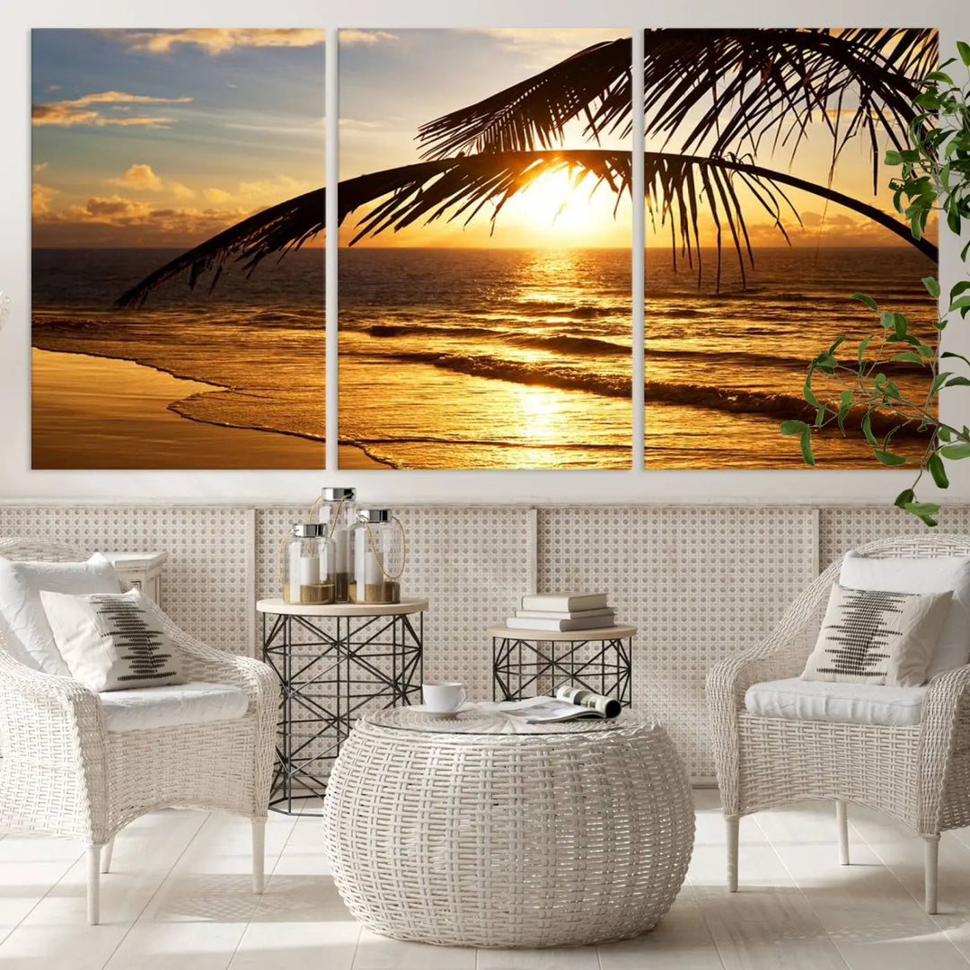 Golden Tropical Beach Sunset Canvas Triptych, Coastal Palm Tree Wall Art, Ocean Shoreline Giclee Print with Gallery Wrap