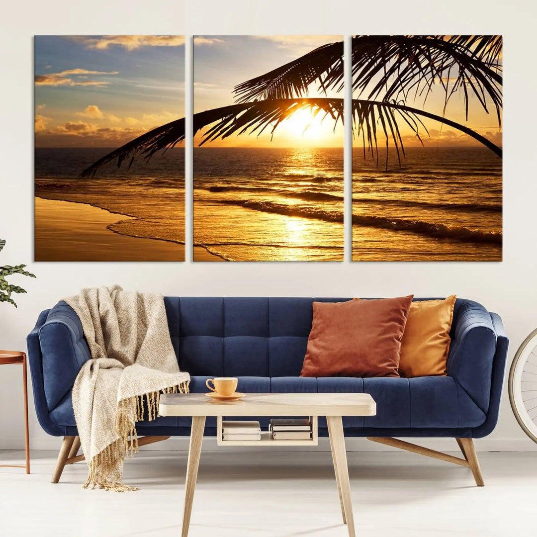 Golden Tropical Beach Sunset Canvas Triptych, Coastal Palm Tree Wall Art, Ocean Shoreline Giclee Print with Gallery Wrap