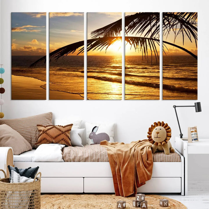 Golden Tropical Beach Sunset Canvas Triptych, Coastal Palm Tree Wall Art, Ocean Shoreline Giclee Print with Gallery Wrap