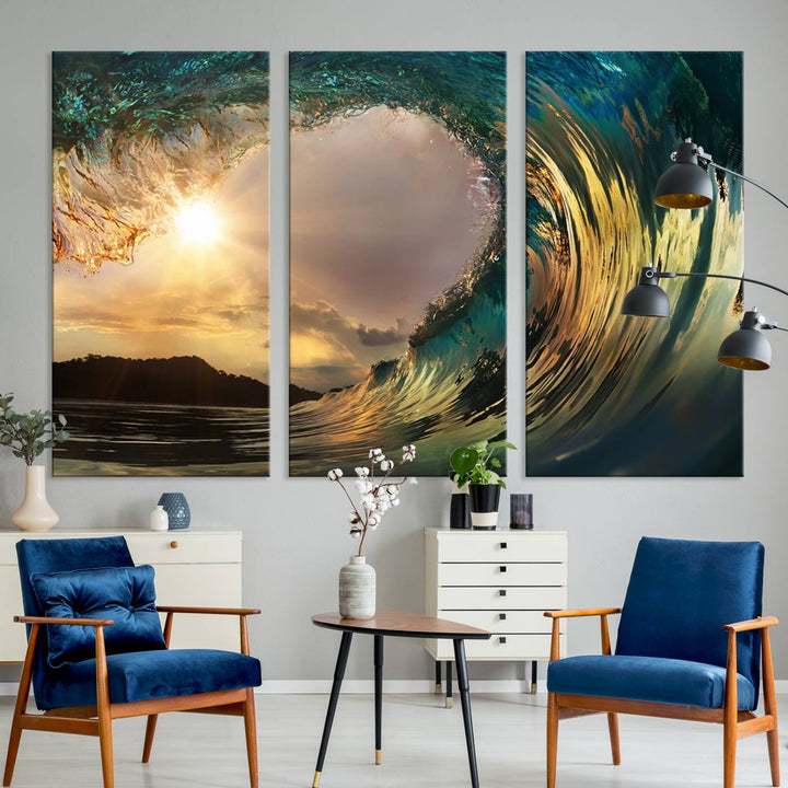 Golden Wave Sunset Canvas Print – Large Coastal Wall Art for Nature Lovers, Captivating Ocean Wave Decor