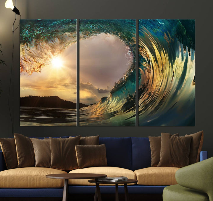 Golden Wave Sunset Canvas Print – Large Coastal Wall Art for Nature Lovers, Captivating Ocean Wave Decor