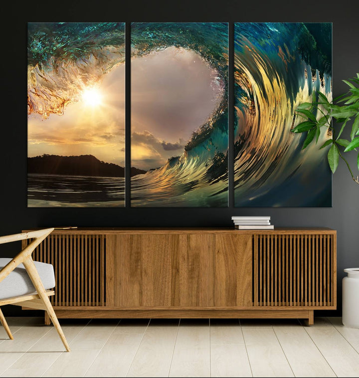 Golden Wave Sunset Canvas Print – Large Coastal Wall Art for Nature Lovers, Captivating Ocean Wave Decor