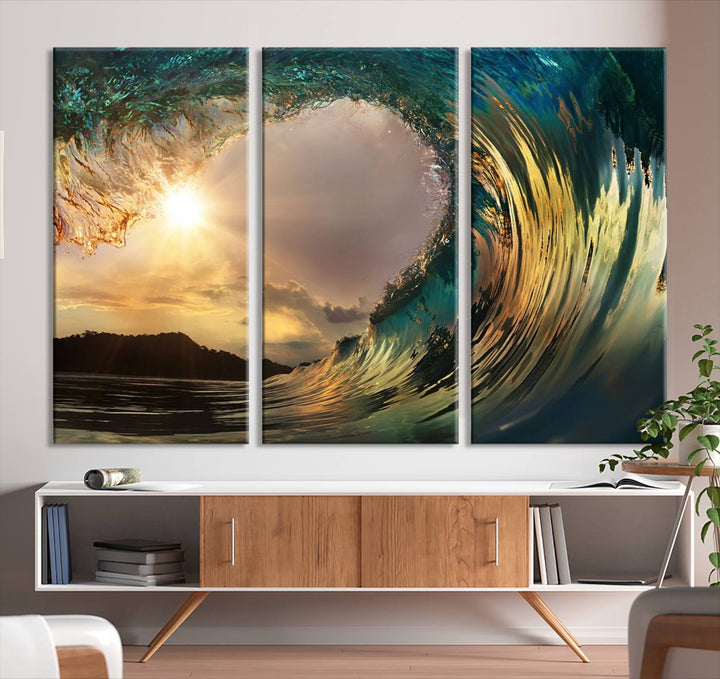 Golden Wave Sunset Canvas Print – Large Coastal Wall Art for Nature Lovers, Captivating Ocean Wave Decor