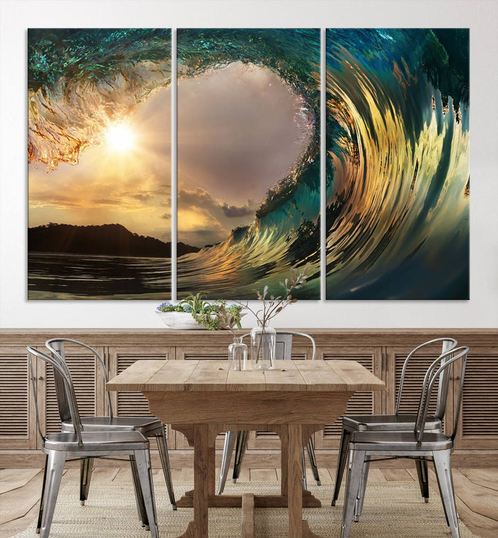 Golden Wave Sunset Canvas Print – Large Coastal Wall Art for Nature Lovers, Captivating Ocean Wave Decor