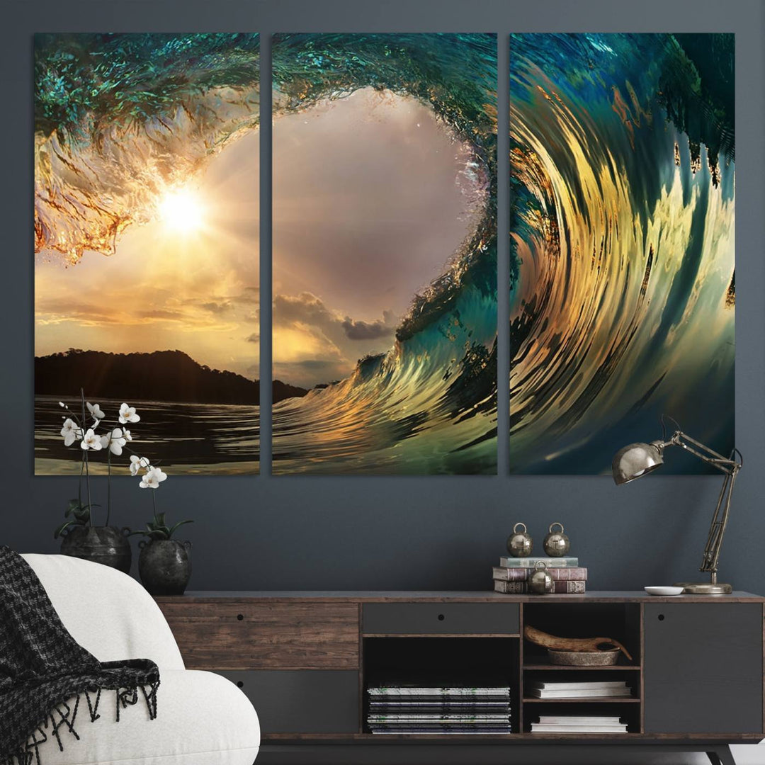 Golden Wave Sunset Canvas Print – Large Coastal Wall Art for Nature Lovers, Captivating Ocean Wave Decor