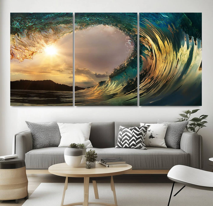 Golden Wave Sunset Canvas Print – Large Coastal Wall Art for Nature Lovers, Captivating Ocean Wave Decor