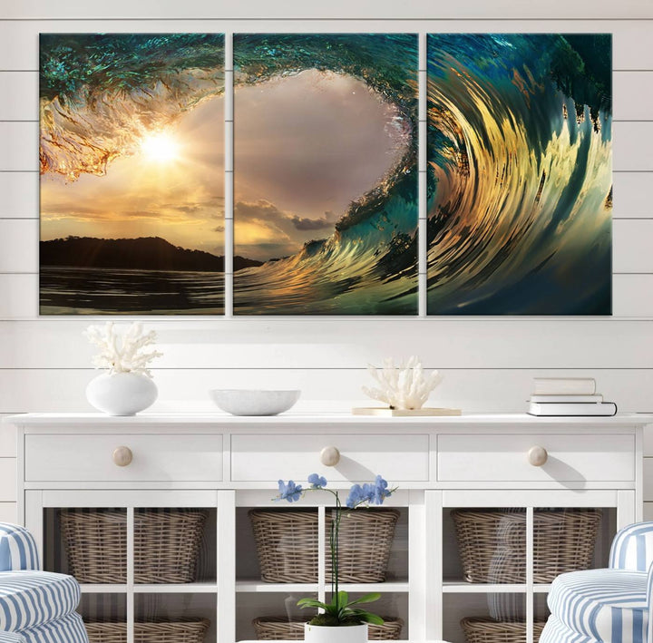Golden Wave Sunset Canvas Print – Large Coastal Wall Art for Nature Lovers, Captivating Ocean Wave Decor