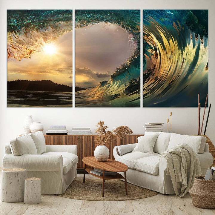Golden Wave Sunset Canvas Print – Large Coastal Wall Art for Nature Lovers, Captivating Ocean Wave Decor