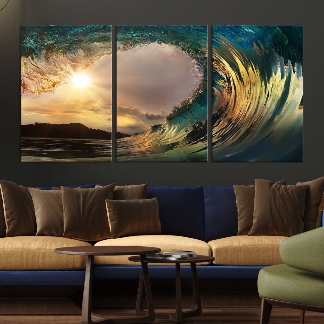 Golden Wave Sunset Canvas Print – Large Coastal Wall Art for Nature Lovers, Captivating Ocean Wave Decor