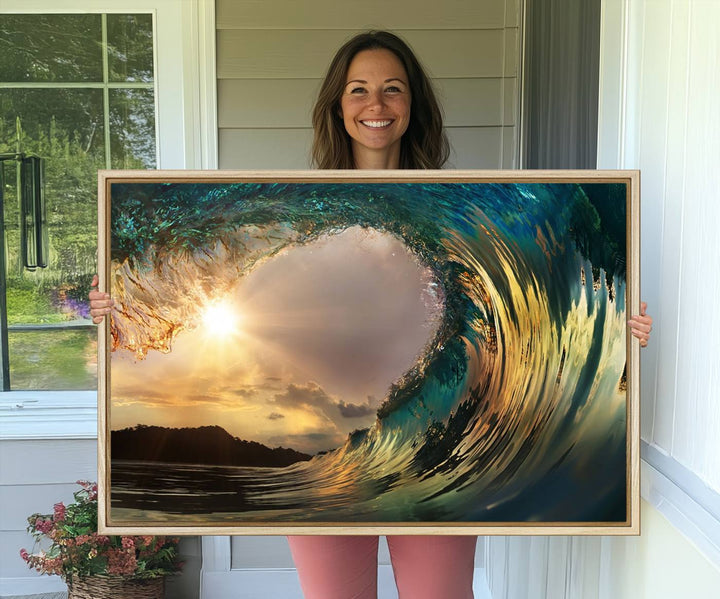 38256-MGV-CV-36X24-Golden Wave Sunset Canvas Print – Large Coastal Wall Art for Nature Lovers, Captivating Ocean Wave Decor