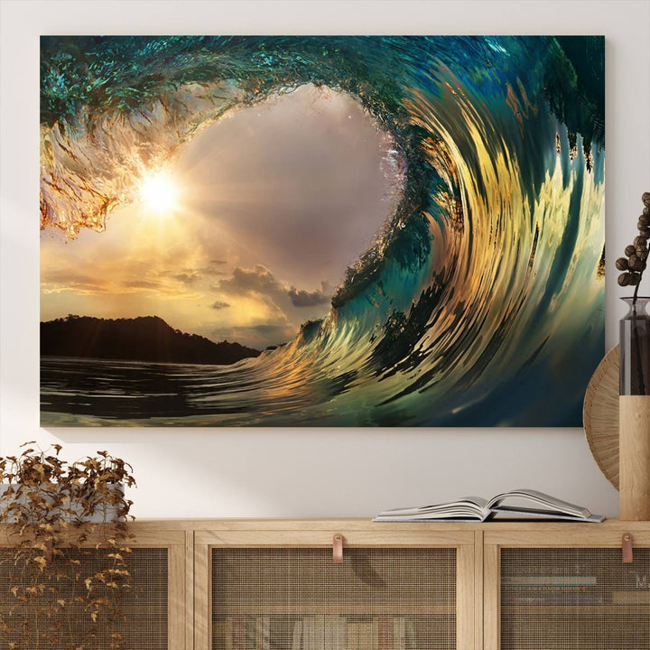 Golden Wave Sunset Canvas Print – Large Coastal Wall Art for Nature Lovers, Captivating Ocean Wave Decor