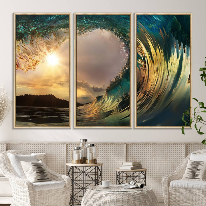 38256-MGV-CV-36X24-Golden Wave Sunset Canvas Print – Large Coastal Wall Art for Nature Lovers, Captivating Ocean Wave Decor