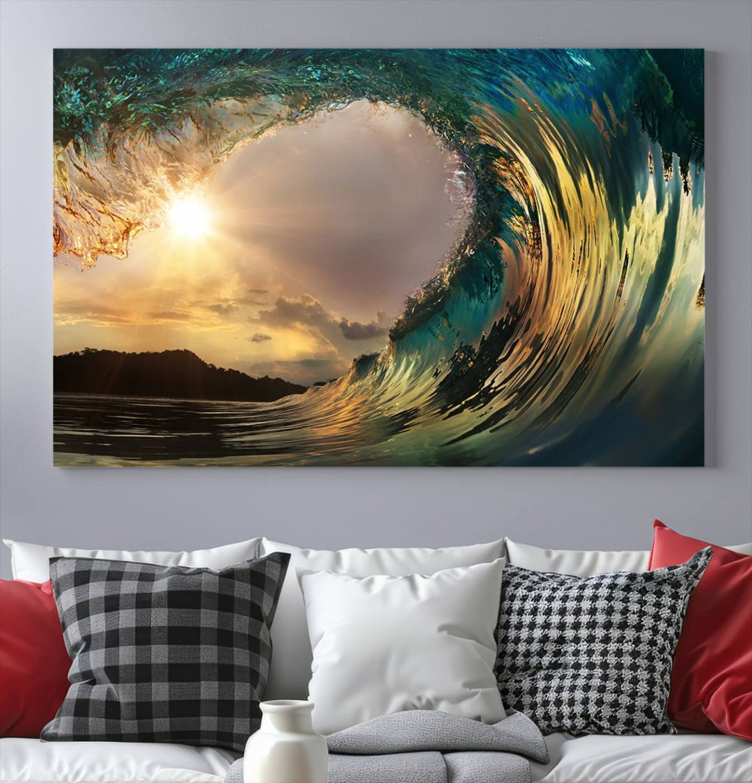 Golden Wave Sunset Canvas Print – Large Coastal Wall Art for Nature Lovers, Captivating Ocean Wave Decor