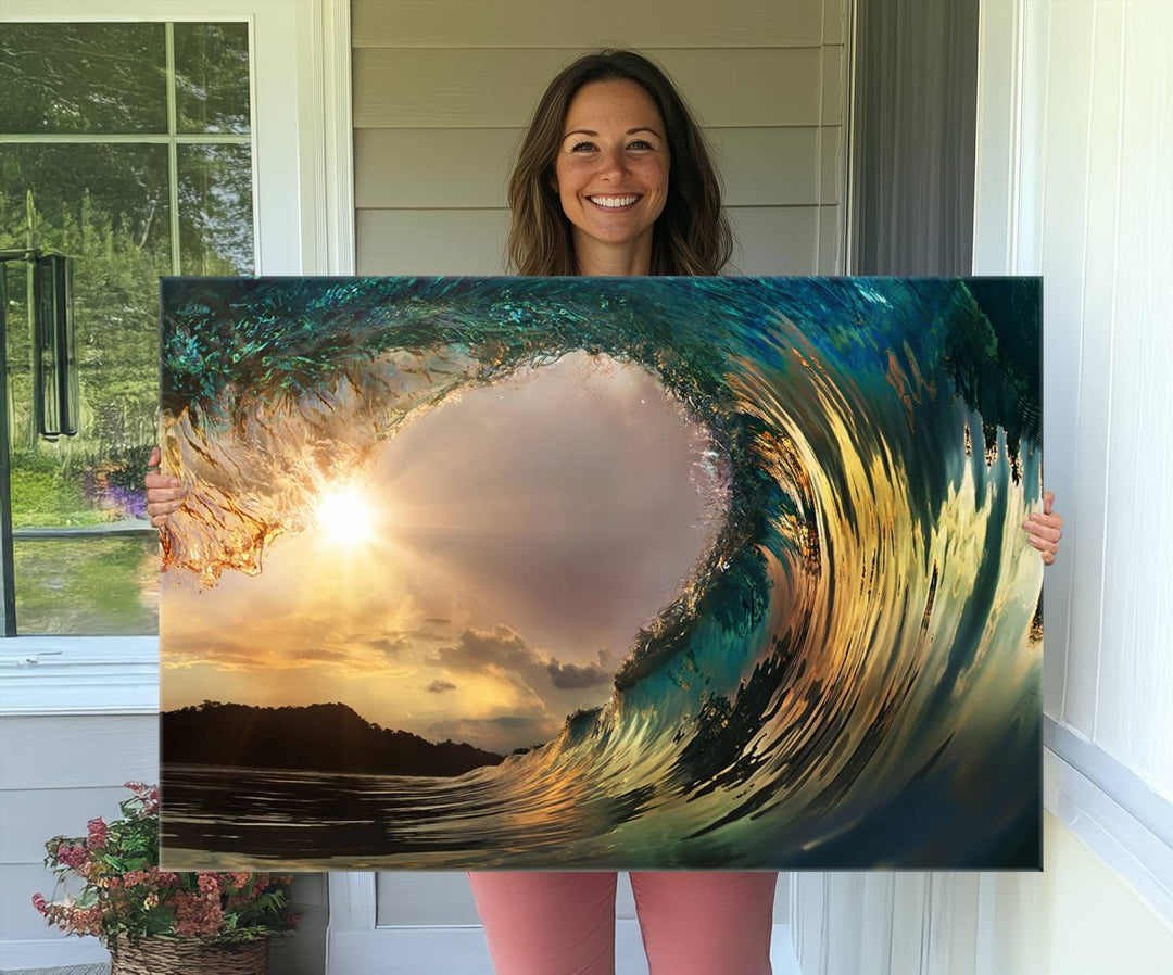 Golden Wave Sunset Canvas Print – Large Coastal Wall Art for Nature Lovers, Captivating Ocean Wave Decor