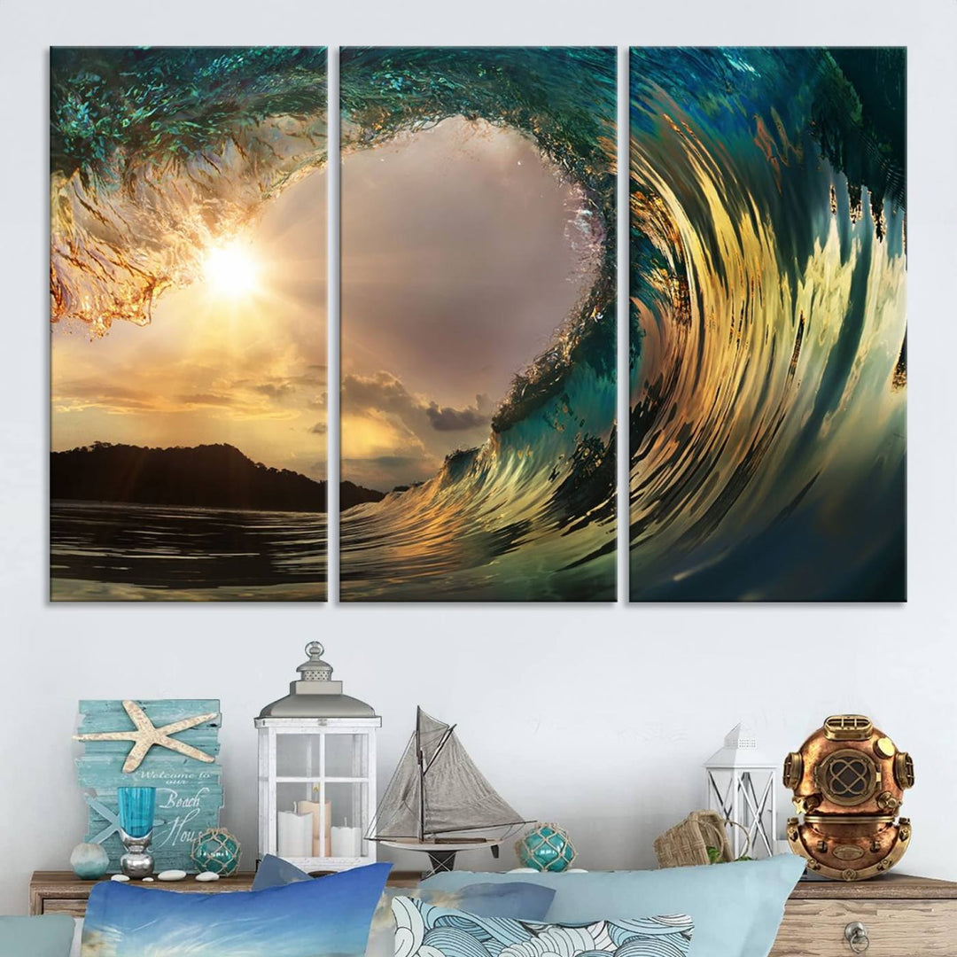 Golden Wave Sunset Canvas Print – Large Coastal Wall Art for Nature Lovers, Captivating Ocean Wave Decor