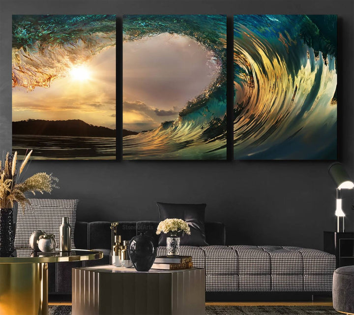 Golden Wave Sunset Canvas Print – Large Coastal Wall Art for Nature Lovers, Captivating Ocean Wave Decor