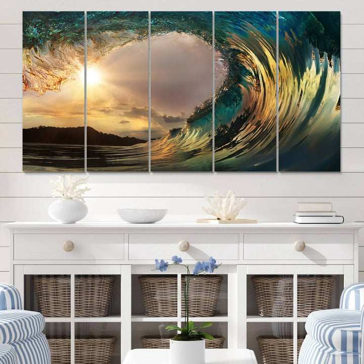 38256-MGV-CV-60X31-5P-Golden Wave Sunset Canvas Print – Large Coastal Wall Art for Nature Lovers, Captivating Ocean Wave Decor