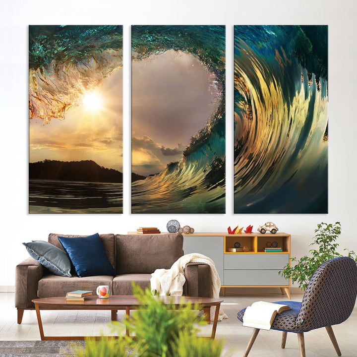 Golden Wave Sunset Canvas Print – Large Coastal Wall Art for Nature Lovers, Captivating Ocean Wave Decor