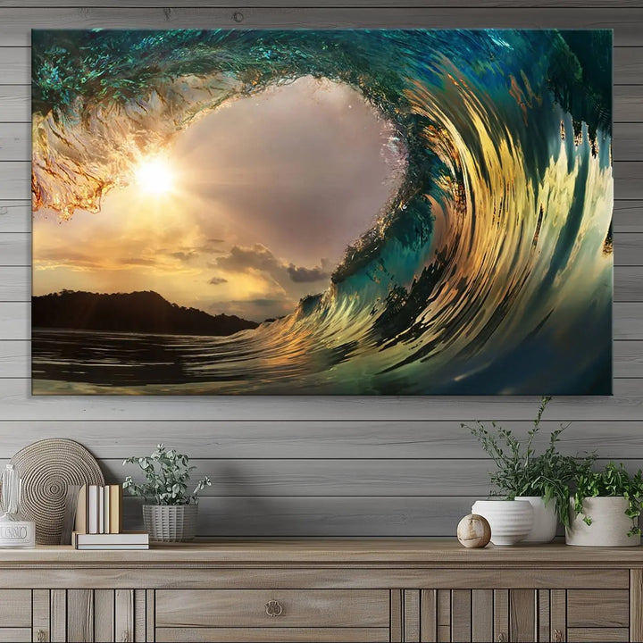 Golden Wave Sunset Giclee Canvas Print – Large Coastal Wall Art for Nature Lovers, Captivating Ocean Wave Decor