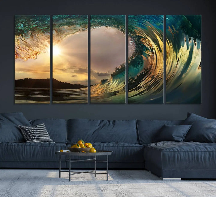 A captivating ocean wave decor piece, the "Golden Wave Sunset Giclee Canvas Print – Large Coastal Wall Art for Nature Lovers," elegantly adorns a wooden wall, showcasing a crashing wave with sunlight streaming through.