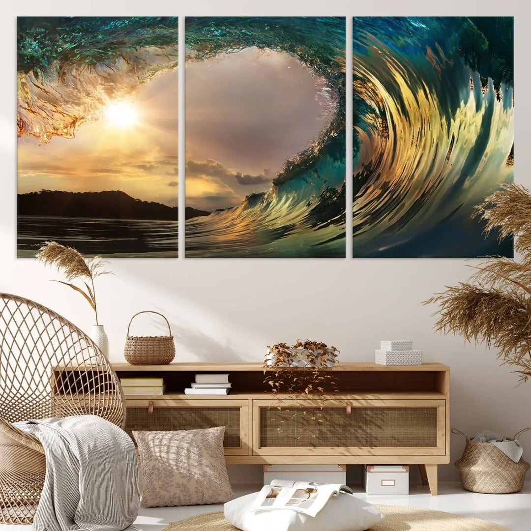 Golden Wave Sunset Giclee Canvas Print – Large Coastal Wall Art for Nature Lovers, Captivating Ocean Wave Decor