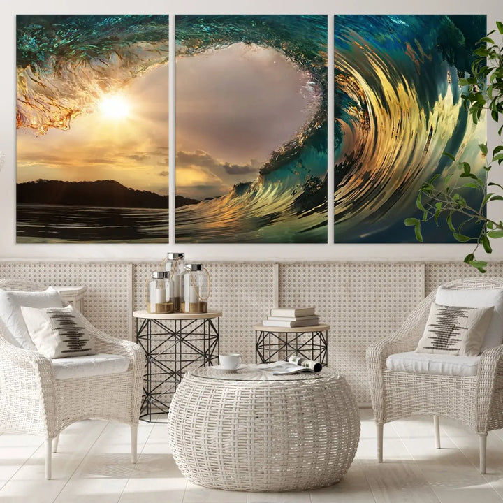 Golden Wave Sunset Giclee Canvas Print – Large Coastal Wall Art for Nature Lovers, Captivating Ocean Wave Decor