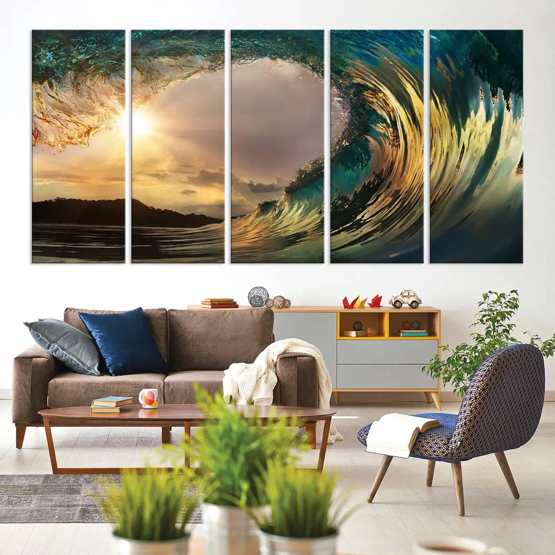 A captivating ocean wave decor piece, the "Golden Wave Sunset Giclee Canvas Print – Large Coastal Wall Art for Nature Lovers," elegantly adorns a wooden wall, showcasing a crashing wave with sunlight streaming through.