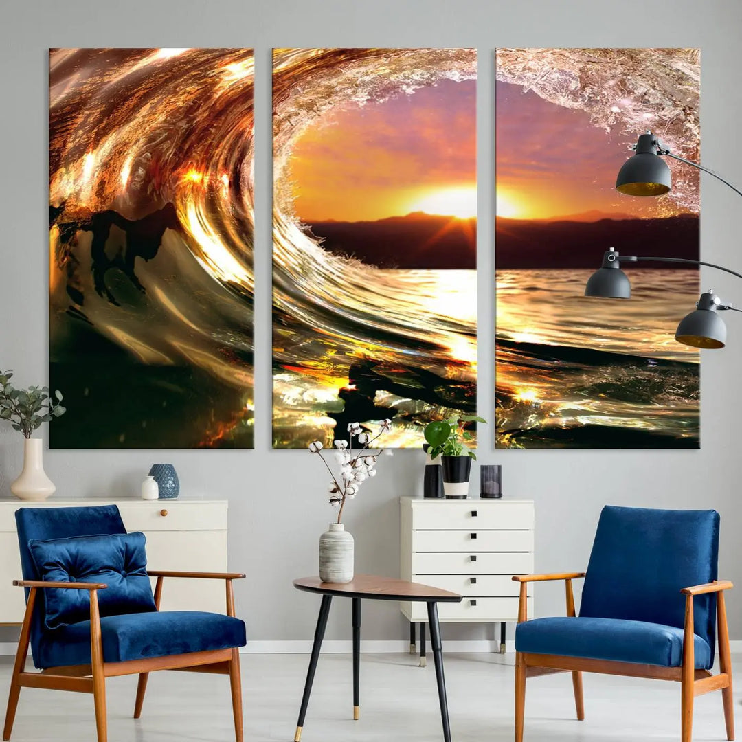 Golden Wave Sunset Triptych Canvas Art, Giclee Canvas Print of Ocean Wave and Sunset, Canon Print Quality with Gallery Wrap