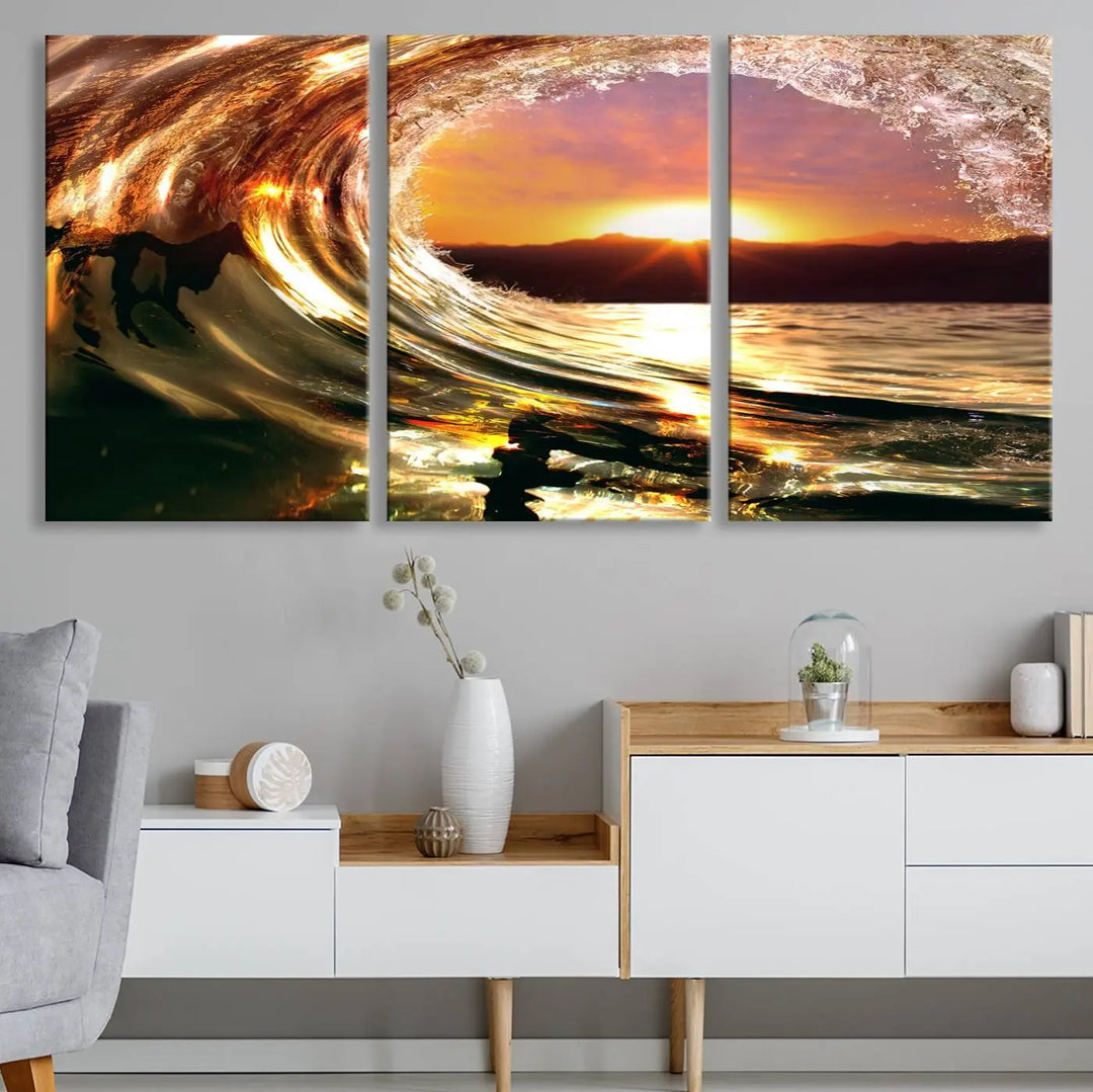 Golden Wave Sunset Triptych Canvas Art, Giclee Canvas Print of Ocean Wave and Sunset, Canon Print Quality with Gallery Wrap