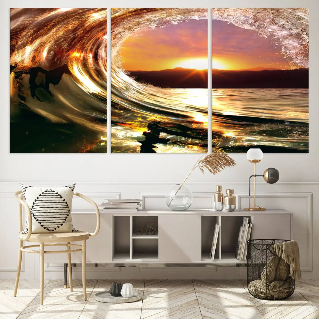 Golden Wave Sunset Triptych Canvas Art, Giclee Canvas Print of Ocean Wave and Sunset, Canon Print Quality with Gallery Wrap