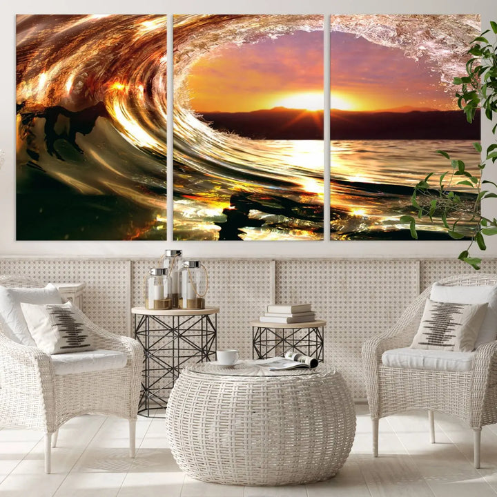 Golden Wave Sunset Triptych Canvas Art, Giclee Canvas Print of Ocean Wave and Sunset, Canon Print Quality with Gallery Wrap